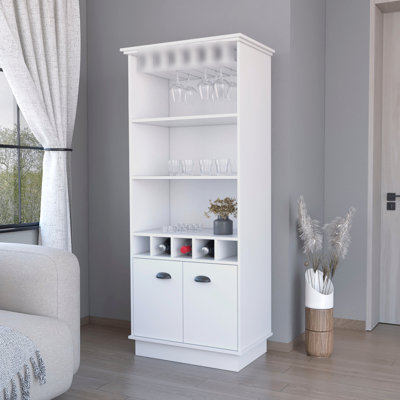 Armoire de rangement moderne blanche avec look élégant - 3 tablettes, 5 bouteilles, présentoir de verrerie