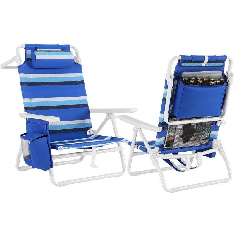 Wide 25" Low Backpack Beach Chair With 5 Position Lay Flat & Metal Handle, PVC-coated polyester Folding Beach Chair For Adults With Cooler Pouch, Storage Bag, Towel Bar, Foot Mat, For Camping, 350lbs(set Of 2, Blue And White Stripes)