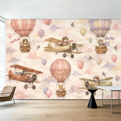 Papier peint adhésif aux motifs fantaisistes : chiens pilotes, avions vintage, montgolfières, fresques murales pastel, 254 cm (H) x 366 cm (L), papier peint amovible en PVC, décoration murale autocollante pour chambre, salon ou bureau.