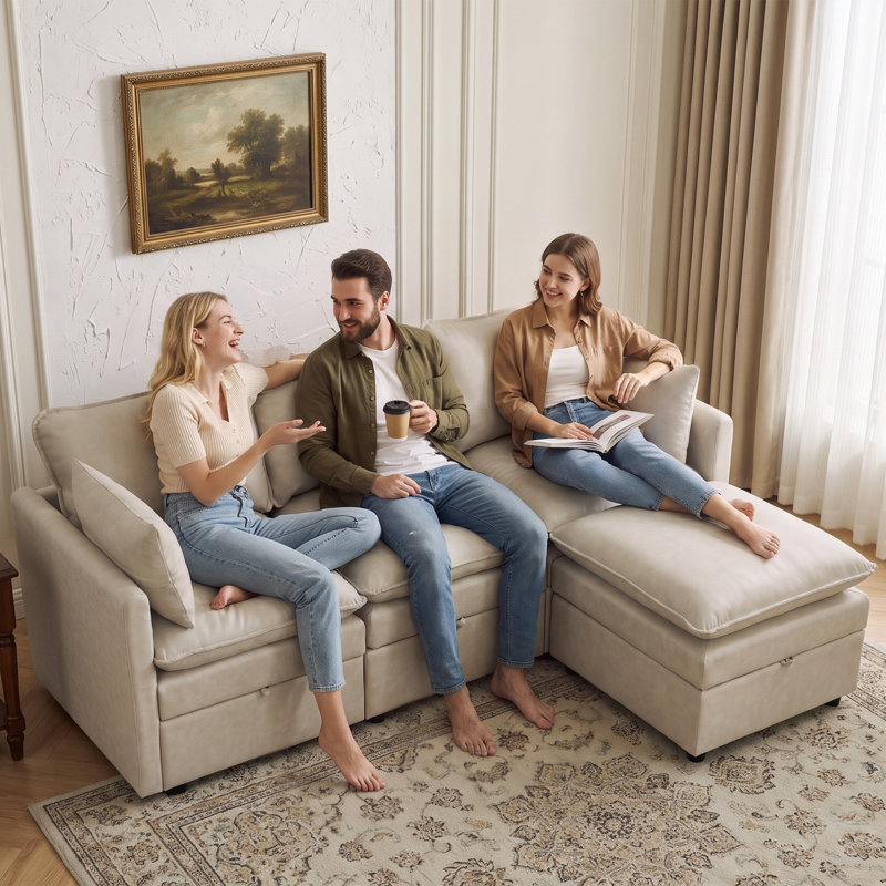 Canapé modulaire en L 80,3 po avec rangement, Pu-beige