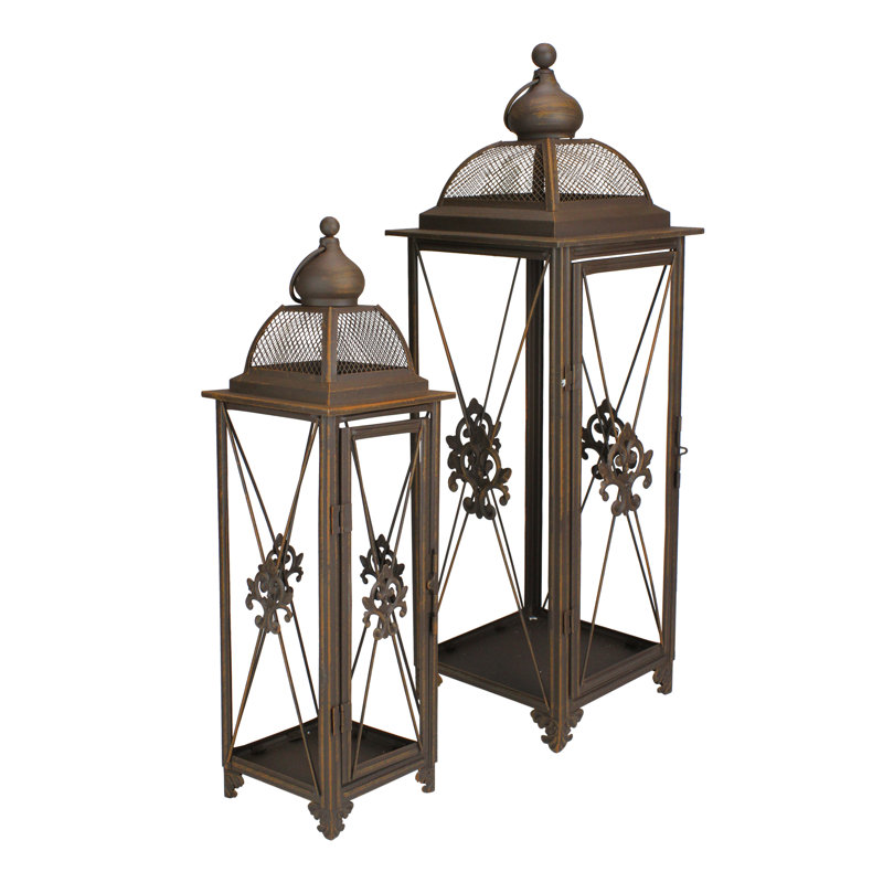 Lanterne porte-bougie fantaisie rouille Fleur-De-Lis