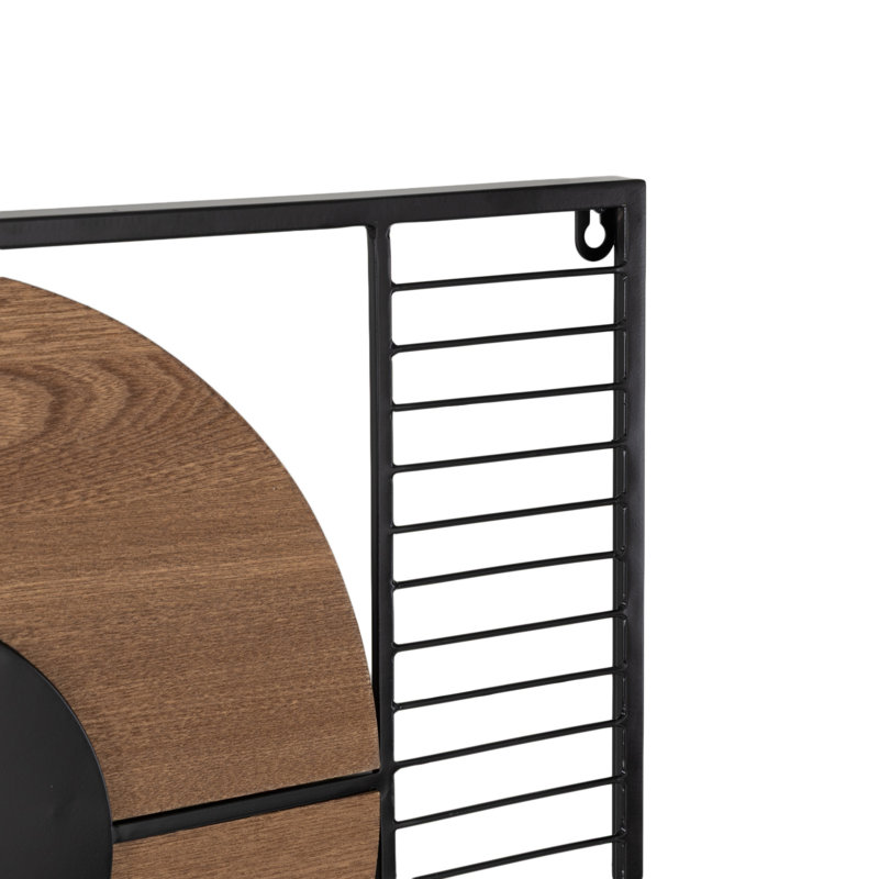 Cole et décoration murale géométrique noire en métal avec des formes en bois brun