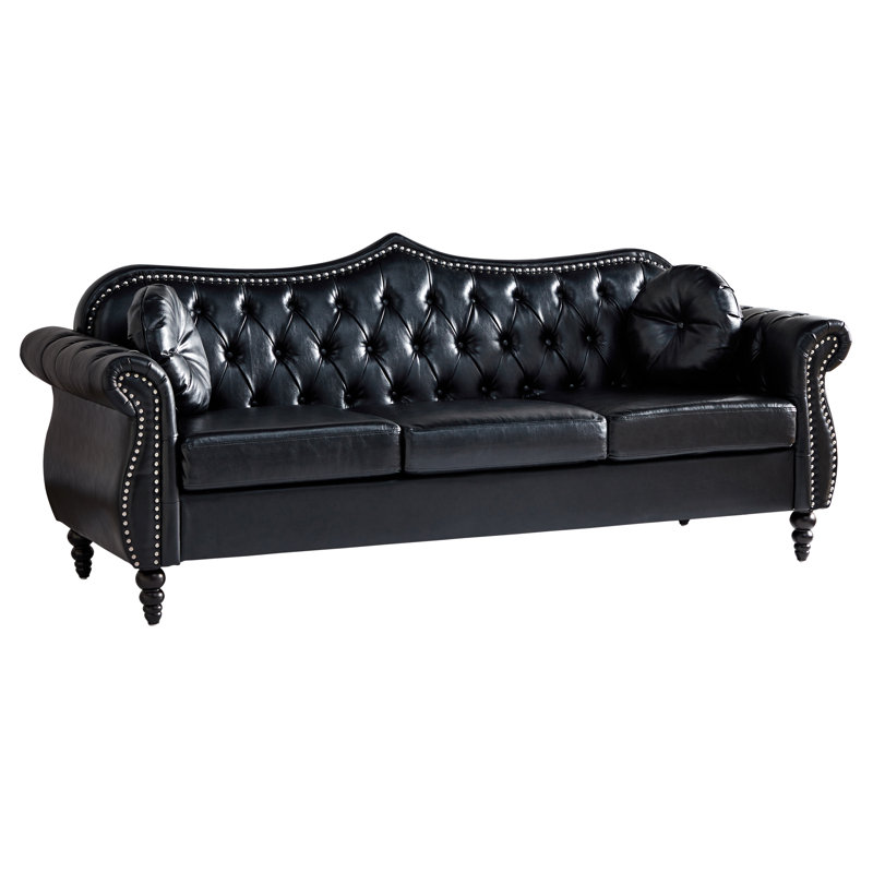 Bilbil 82.67'' Faux Leather Sofa With 2 Toss Pillows, Black Faux Leather
