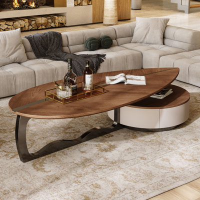Jessamyn Mid-Century Modern Coffee Table with Abstract Leaf Shaped Walnut Wood Veneer Top and Metal Base for Living Room, Industrial Coffee Table with Vintage Classic Design Round Storage Compartment Include Two Storage Drawers