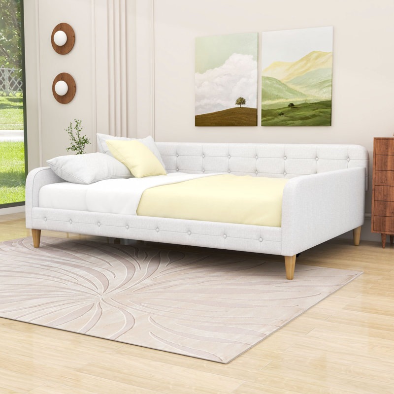 Queen Size Upholstered Daybed with Linen Fabric and Wood Frame, Beige