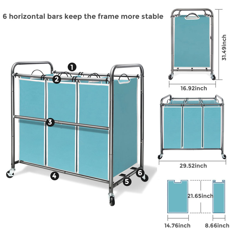 Blue Polyester Canvas Laundry Sorter with Metal Frame and Wheels