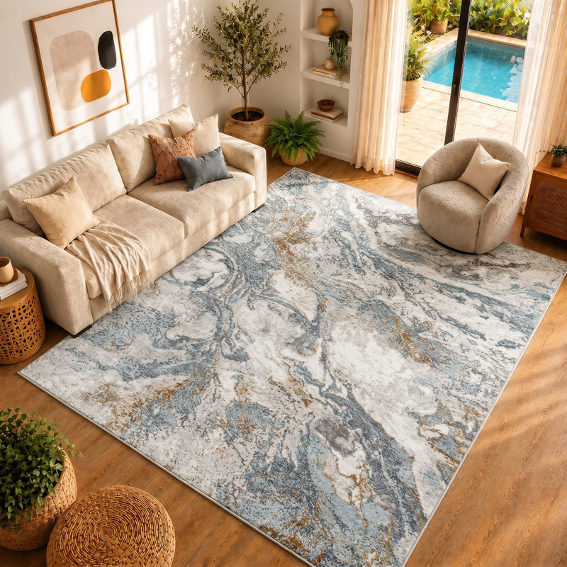 Darsie Abstract Area Rug, Blue/Gray, Rectangle 200 x 275 cm