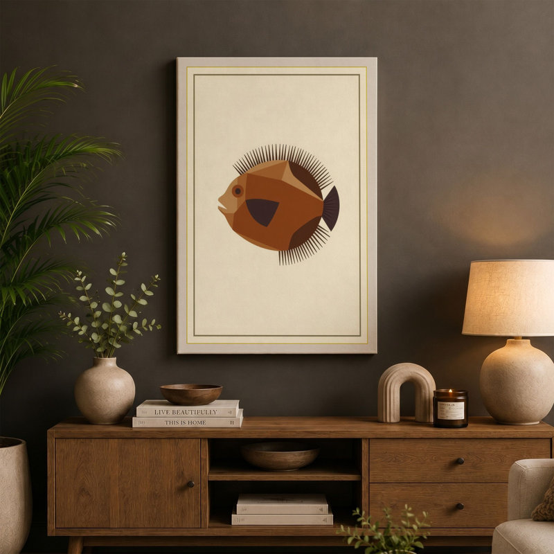 Geometric Fish Mid-Century - Wrapped Canvas, 36x24 - 91.4 x 61.0 cm, Terracotta Border