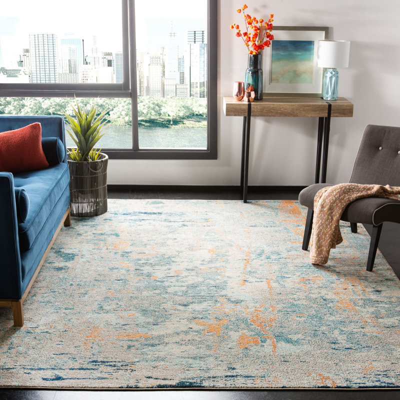 Tapis abstrait bleu / beige / orange Riccio, Rectangle 9 pi x 12 pi