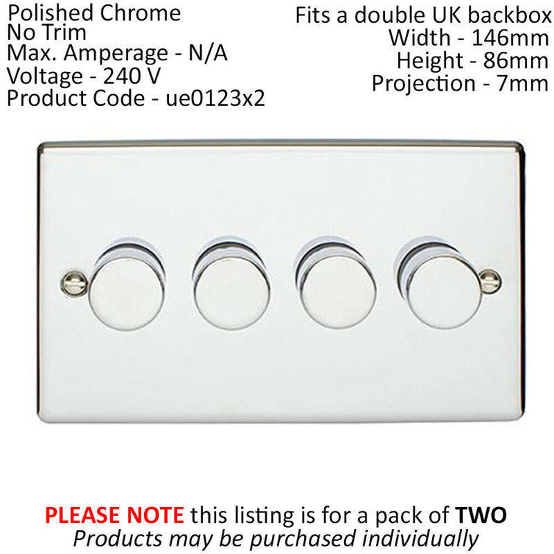 2 PACK 4 Gang 400W 2 Way Rotary Dimmer Switch CHROME Light Dimming Plate, Chrome, Silver