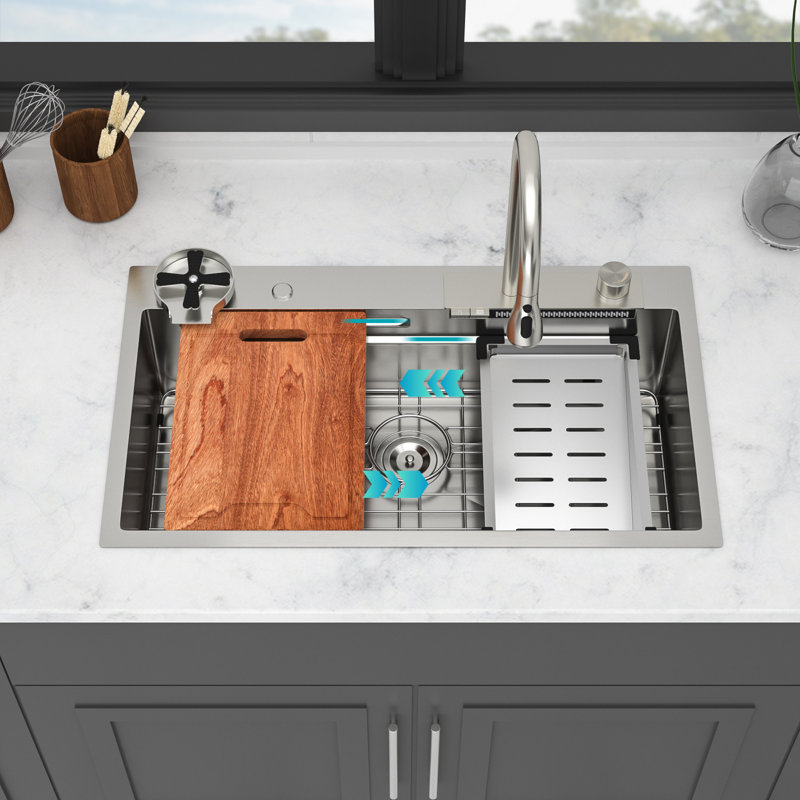 Évier de cuisine à cascade simple 33 pouces, acier inoxydable de calibre 16, station de travail à rebord supérieur | Idée de cadeau
