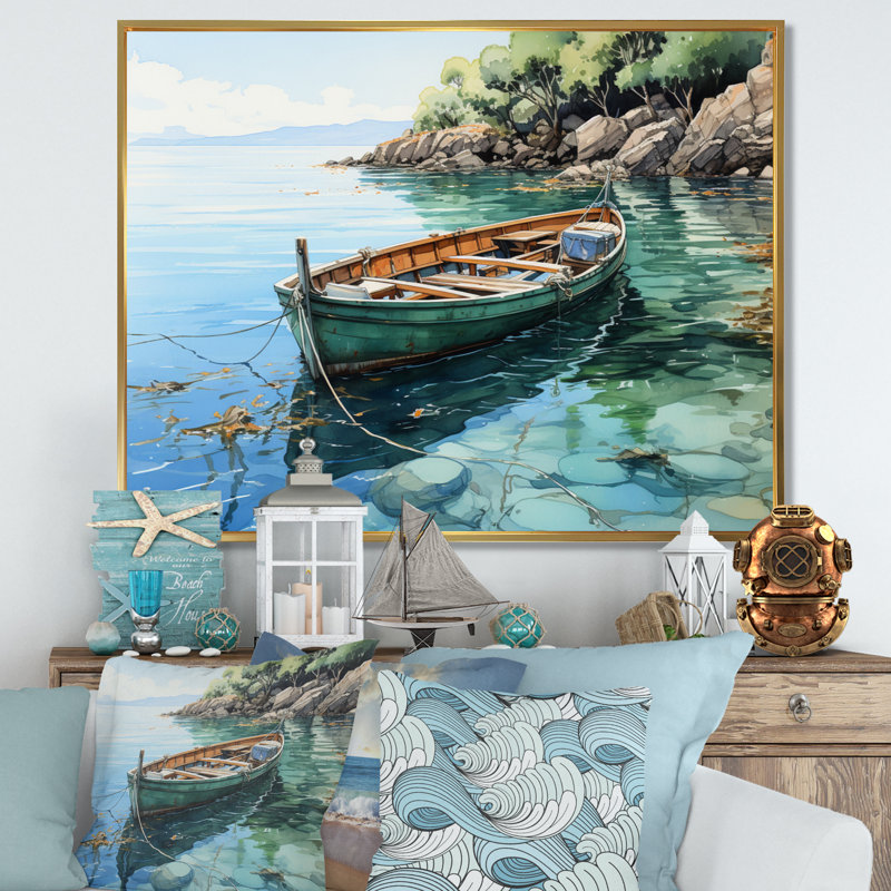 Bateau ancré IV sur toile, H 34 po x l 44 po x P 1,5 po, Cadre flottant doré