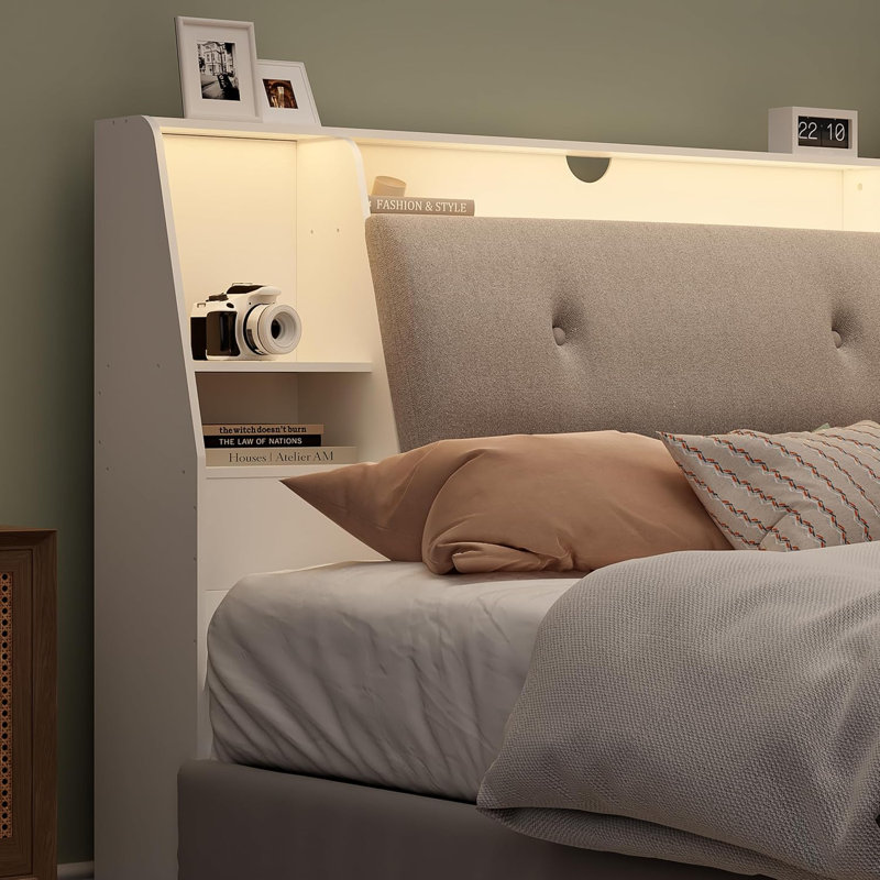 2 in 1 Bookcase Headboard With Charging Station & 2 Led Lights,Removeable Upholstered Panel, White, Queen