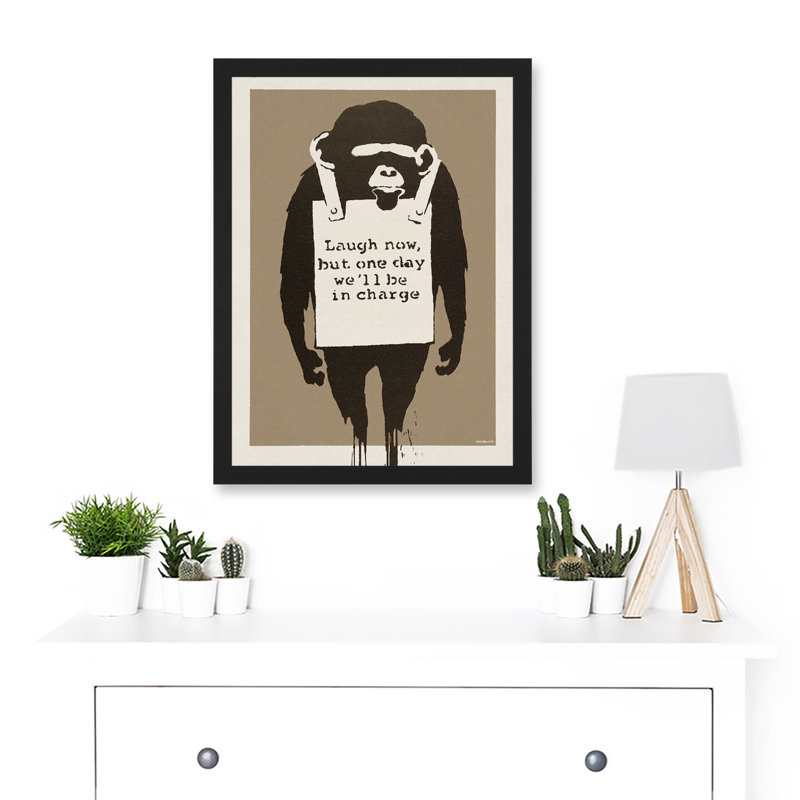 Laugh Now Graffiti Street Mural Ape by Banksy - Single Picture Frame Print, 44.5cm H x 33cm W x 1.5cm D