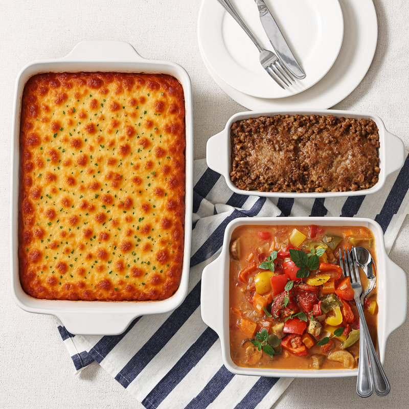 Ceramic Rectangular Baking Dish Set, 3-Piece Bakeware Set (4", 8", 13") With Handles, Professional Fluted Baker For Lasagna And Roasting, White