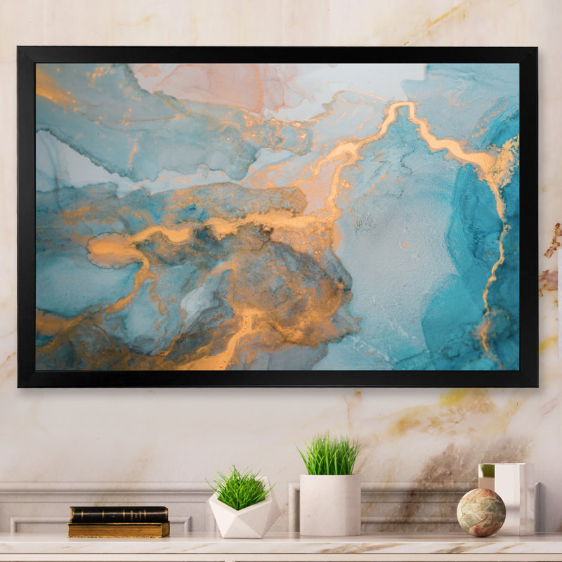 Encre liquide Golden Grey and Blue Marble - reproduction sur cadre flottant, Cadre photo noir, H 8 po x l 12 po x P 1 po