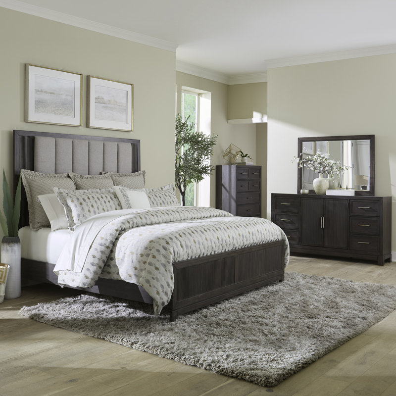 Ensemble de lit, commode et miroir, ensemble de chambre à coucher très grand Keniston, Très grand
