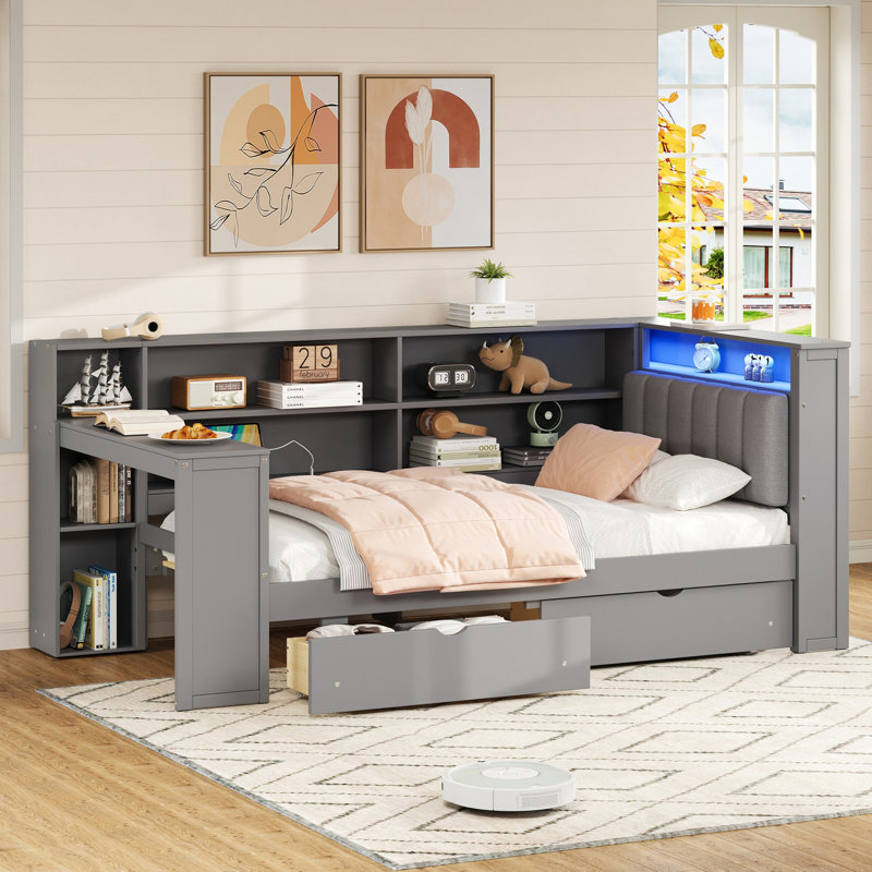 Twin Wood Bed With Platform, Storage Shelves, Drawers, Charging, Led Ambiance, Upholstered Headboard And End Table, Grey Tint Mix Platform Made From Wood, Headboard, Multiple Storage, Built - In