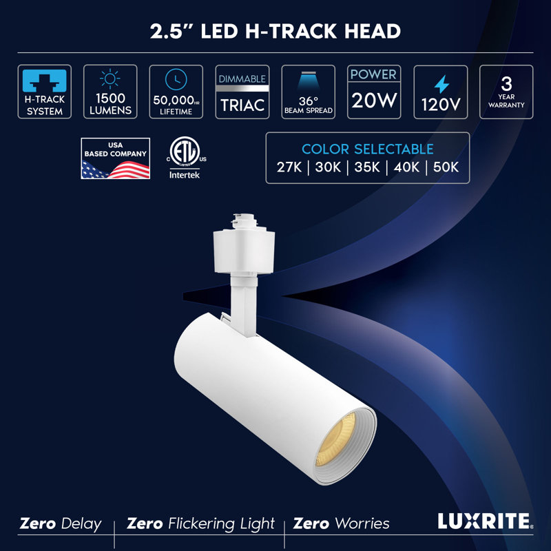 Rail d'éclairage à DEL 2,5 pouces Luxrite, 5CCT, CRI90, 20W, 1500LM, inclinaison réglable de 358 ° + 90 °, éclairage sur rail de type H, à intensité variable, ETL, paquet de 3 rond blanc