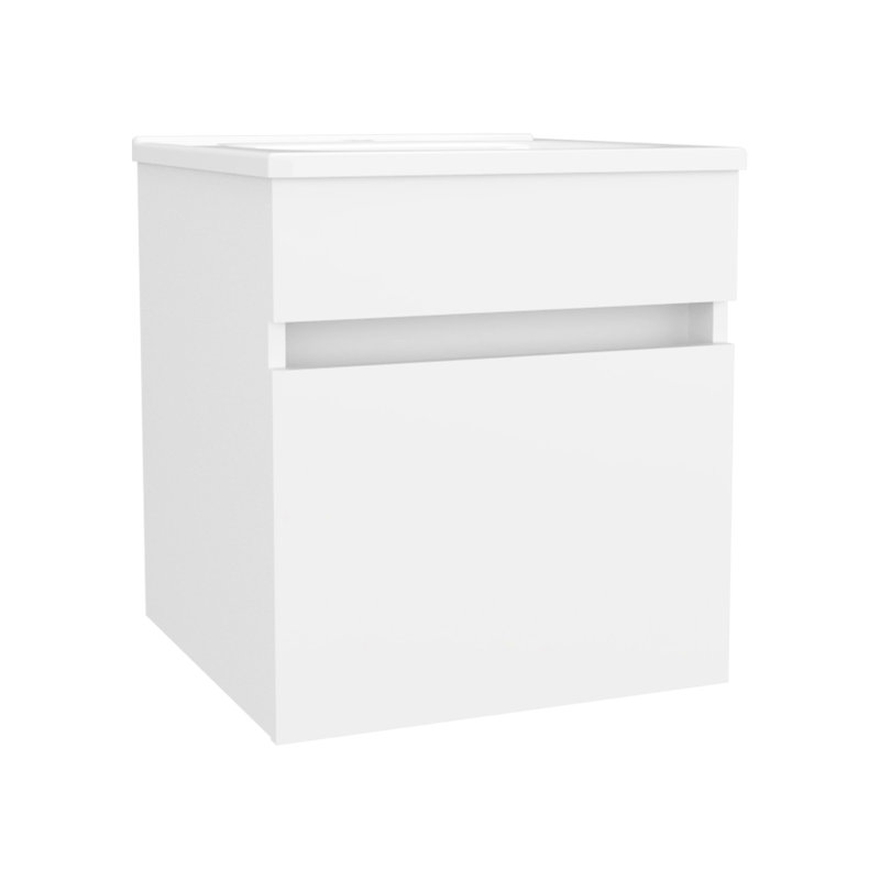 Meuble-lavabo flottant blanc avec lavabo et 1 porte, style moderne, peu encombrant, de forme rectangulaire, lavabo simple à panneau de particules, option de rangement, profil épuré,