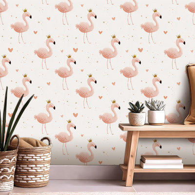 Papier peint auto-adhésif pour enfants, mignon, flamant rose, couronnes, cœurs, étoiles, dessin animé, auto-adhésif et amovible 24 po x 118 po (60 x 300 cm)