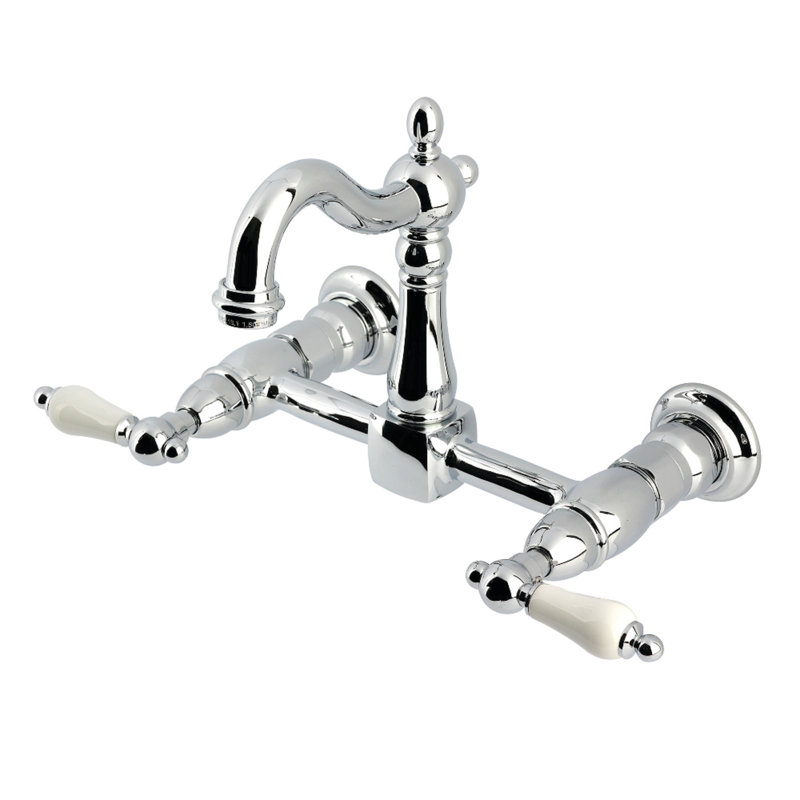 Kingston Brass Heritage Double-Handle 2-Hole Wall-Mount Bridge Kitchen Faucet, Polished Chrome