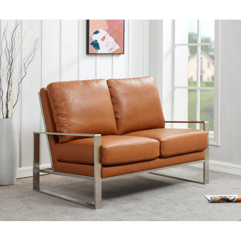 Iosif 53.1" Faux Leather Square Arm Loveseat, Cognac Tan Faux Leather