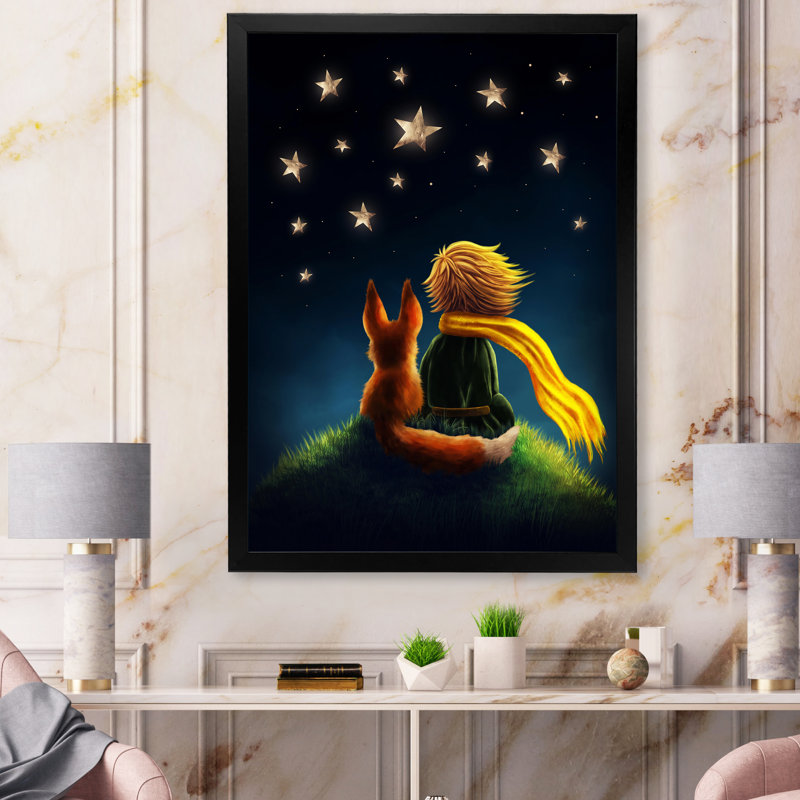 Petit garçon avec renard, Le Petit Prince, impression sur toile, H 41,5 po x l 31,5 po, Cadre noir