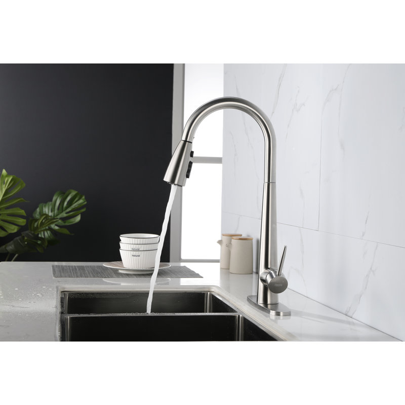 Modern Stainless Steel Sink Faucet, Brushed Nickel, High Arc Single Handle, Pull Down , Deck Plate Handle Kitchen Plate, Flavor