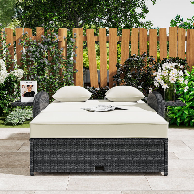 PE Rattan Chaise Lounge with Adjustable Backrest, High-Density Cushions and Footrest, White/Gray