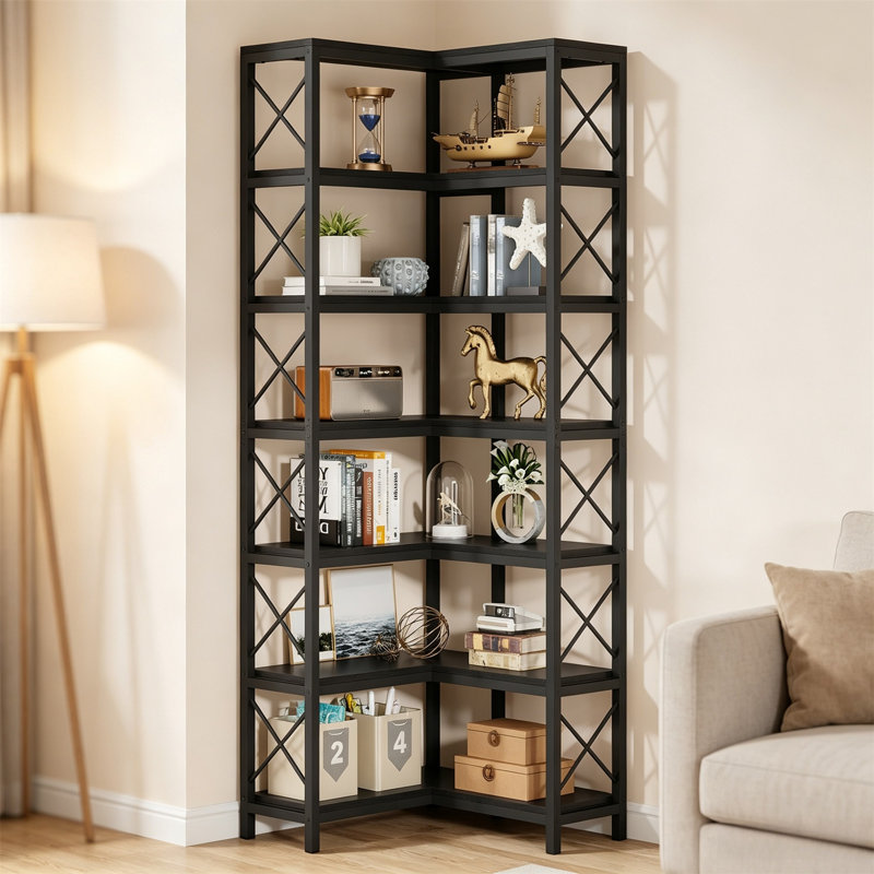 7-story large corner bookshelf | Modern industrial ladder rack, home office metal frame display rack, Black