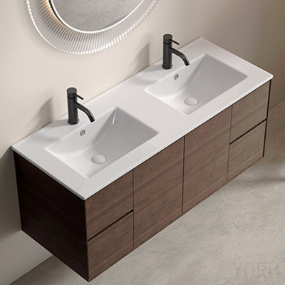 Lavabo double en céramique pour salle de bain - 121 x 46 x 17 cm, lavabo à bords fins, double vasque à poser en porcelaine pour salle de bain, toilettes, salle d'eau (robinetterie et bonde non comprises)