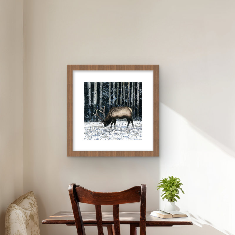 «Caribou in the Winter Forest - Deer Brown», reproduction d'art encadrée