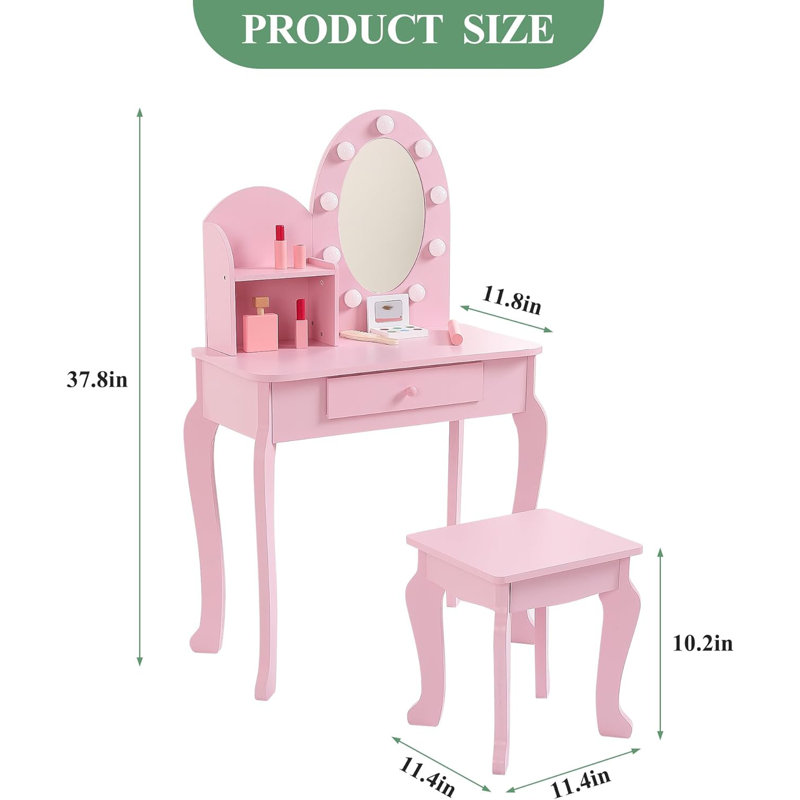 Ensemble de coiffeuse princesse pour filles - table de maquillage pour enfants avec lumières tactiles, miroir, tabouret et ensemble de jeu en bois