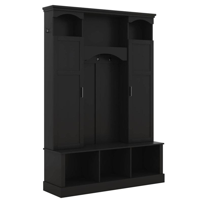 All-In-One Hall Tree With Adjustable Shelves, Classic Arched Storage Bench With Dual Side Cabinets, 7 Hooks, Black