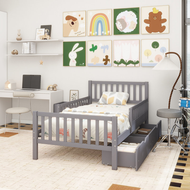Wood Platform Bed With Guardrails On Both Sides And Two Storage Drawers,, Grey, Twin