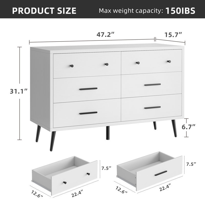 Berdie 47.2'' W 6 - Drawer Dresser, White