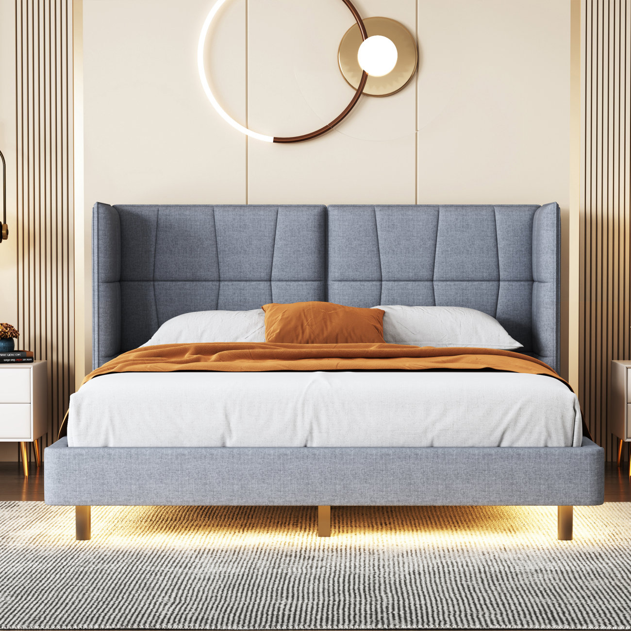 Ebern Designs Queen Size Upholstered Platform Bed With LED Lights And U ...