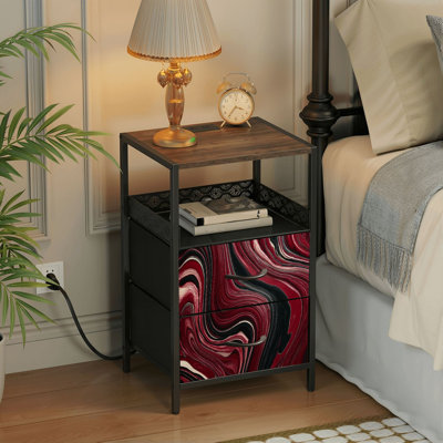 Table de chevet 2 tiroirs avec station de charge, table de chevet pour chambre avec ports USB et amp; Imprimé Outlets
