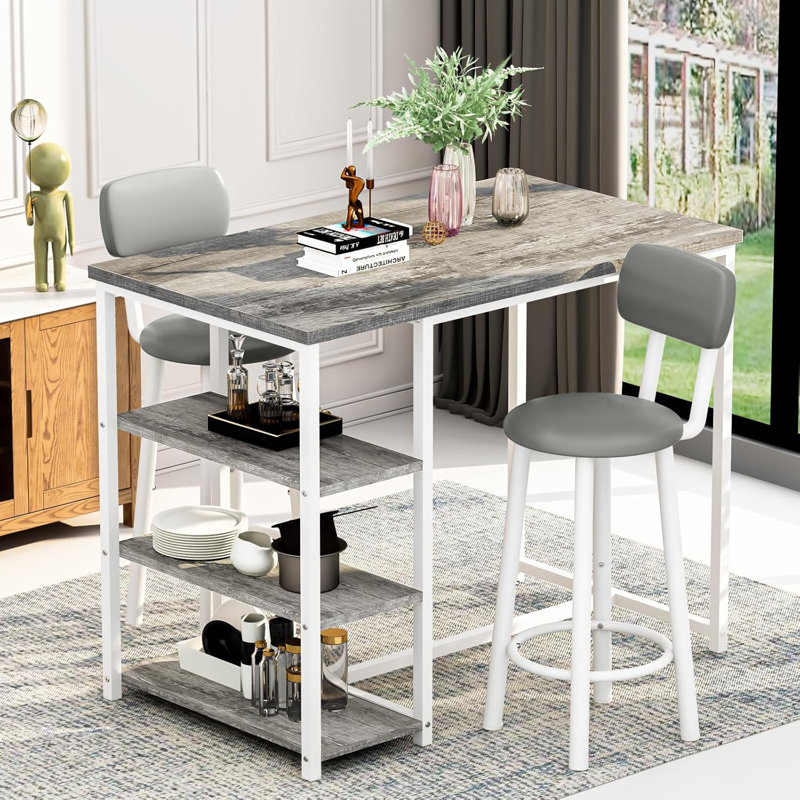 Dining Table Set For 2, 3 Pieces Bar Table Counter Height And Chairs Set, Kitchen Table  With 3 Storage Shelves, 2 Upholstered Chairs With Backrests & Footrests For Apartment, Breakfast, Bar, Kitchen Island