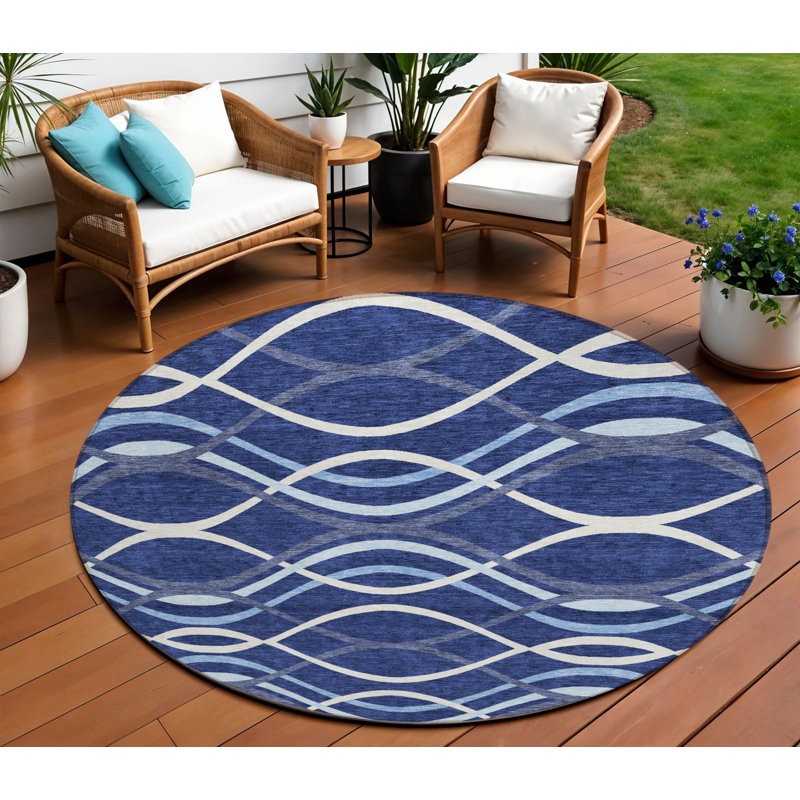 Tapis d'intérieur rond lavable abstrait bleu marine et bleu denim HomeRoots 8 pi