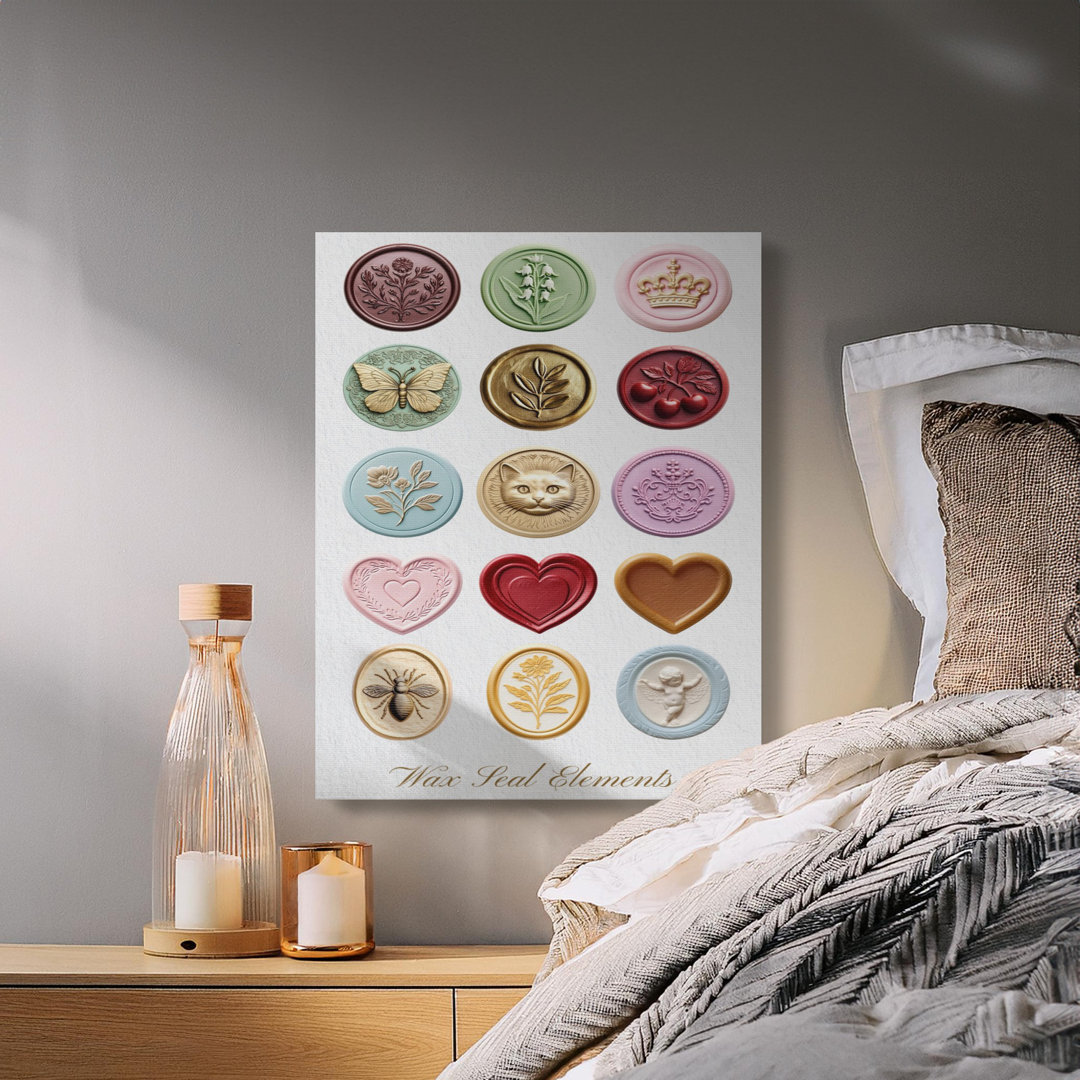 Wax Seal Canvas Wall Art, Gallery Wrapped Matte Print, Elegant Seals, Hearts, Flowers, Ready to Hang, Archival Quality, Modern Home Decor