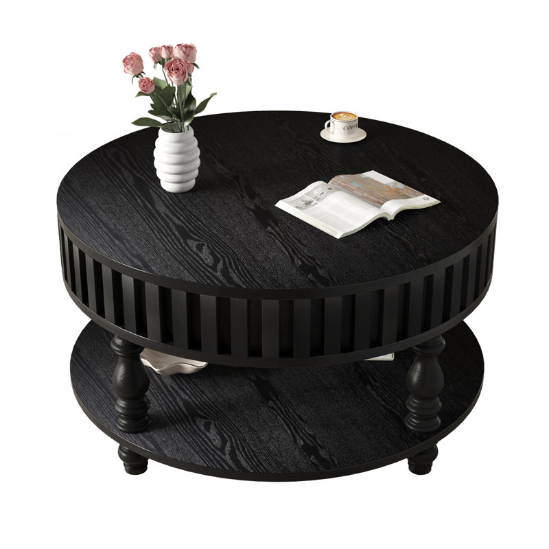 Table basse cannelée noire moderne avec rangement - couvercle rabattable et pieds robustes en bois massif pour salon Mid-Century