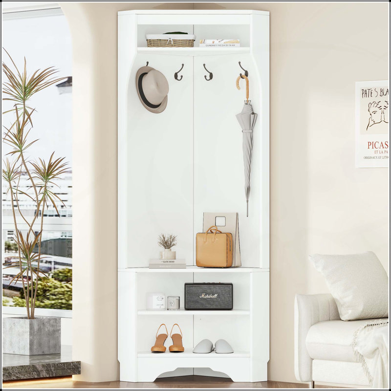 Corner Hall Tree with Shoe Bench, Adjustable Shelf, and 4 Hooks