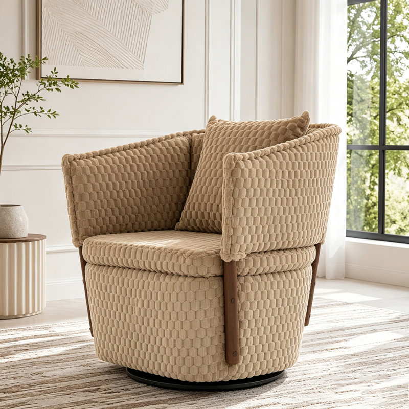 Chaise d'appoint moderne avec structure en bois massif, rembourrée, chaises pivotantes avec rangement pour chaises de salon avec coussin de taille