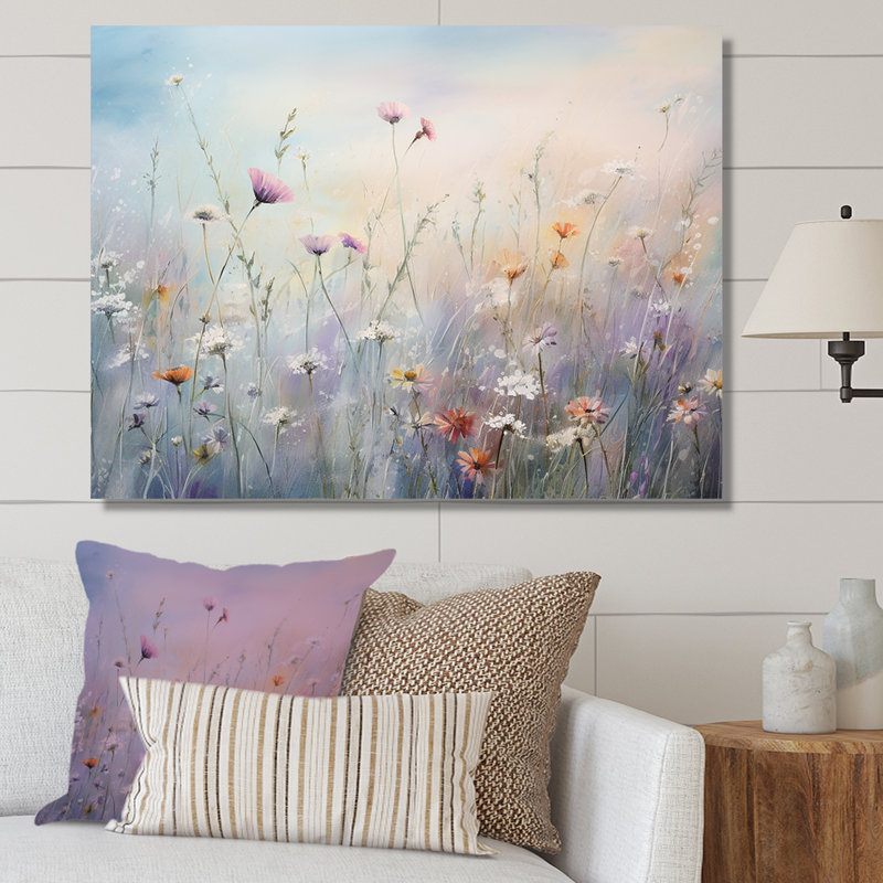 Wildflowers Meadow Stroll Canvas Art in White and Pink