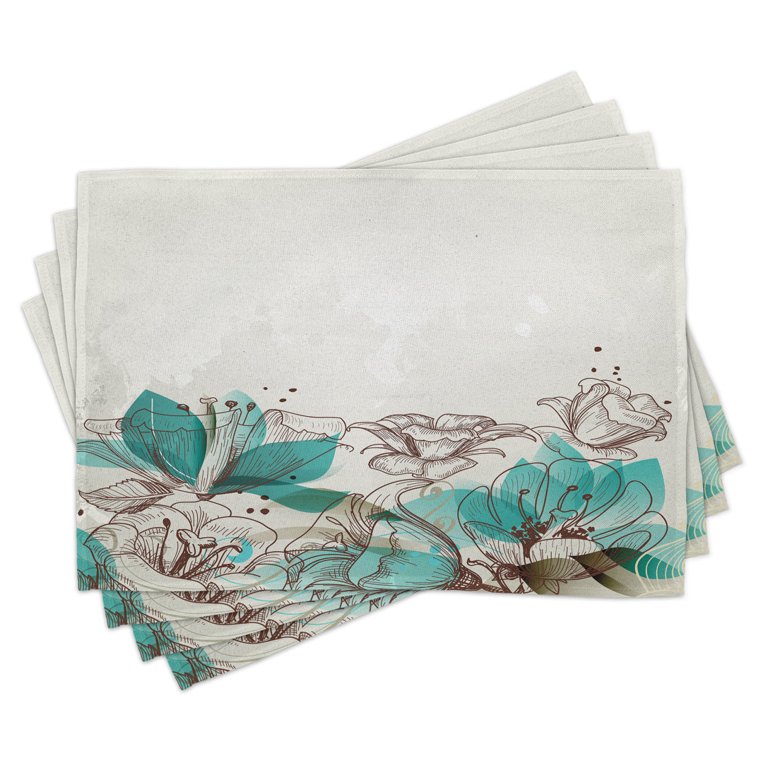 Platzdeckchen 4er Set, Retro Hibiskus Kunst, Beige Teal