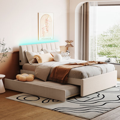 Teddy Fleece Full Size Upholstered Platform Bed With Twin Size Trundle, Beige