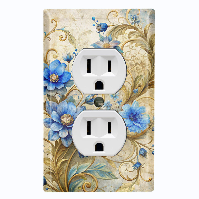 Couvercle de plaque d'interrupteur en métal; Rectangle 1 bande US standard - Fleurs bleues élégantes, Prise double # 8