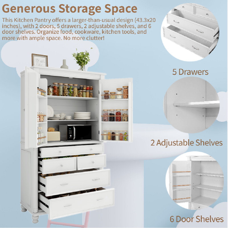 Garde-manger de 77,3 po de hauteur avec plusieurs espaces de rangement, Argent argent, Blanc